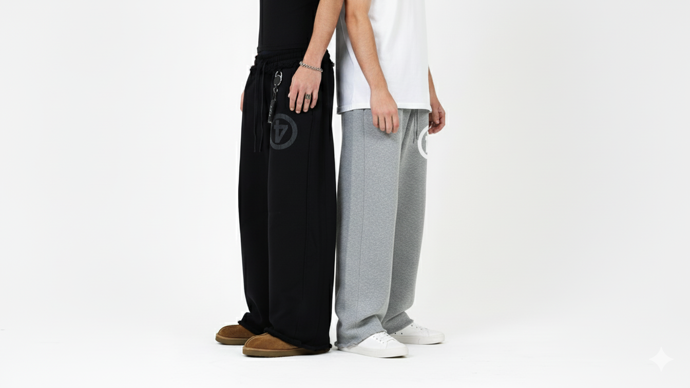 Two people wearing black and gray pants on a white background